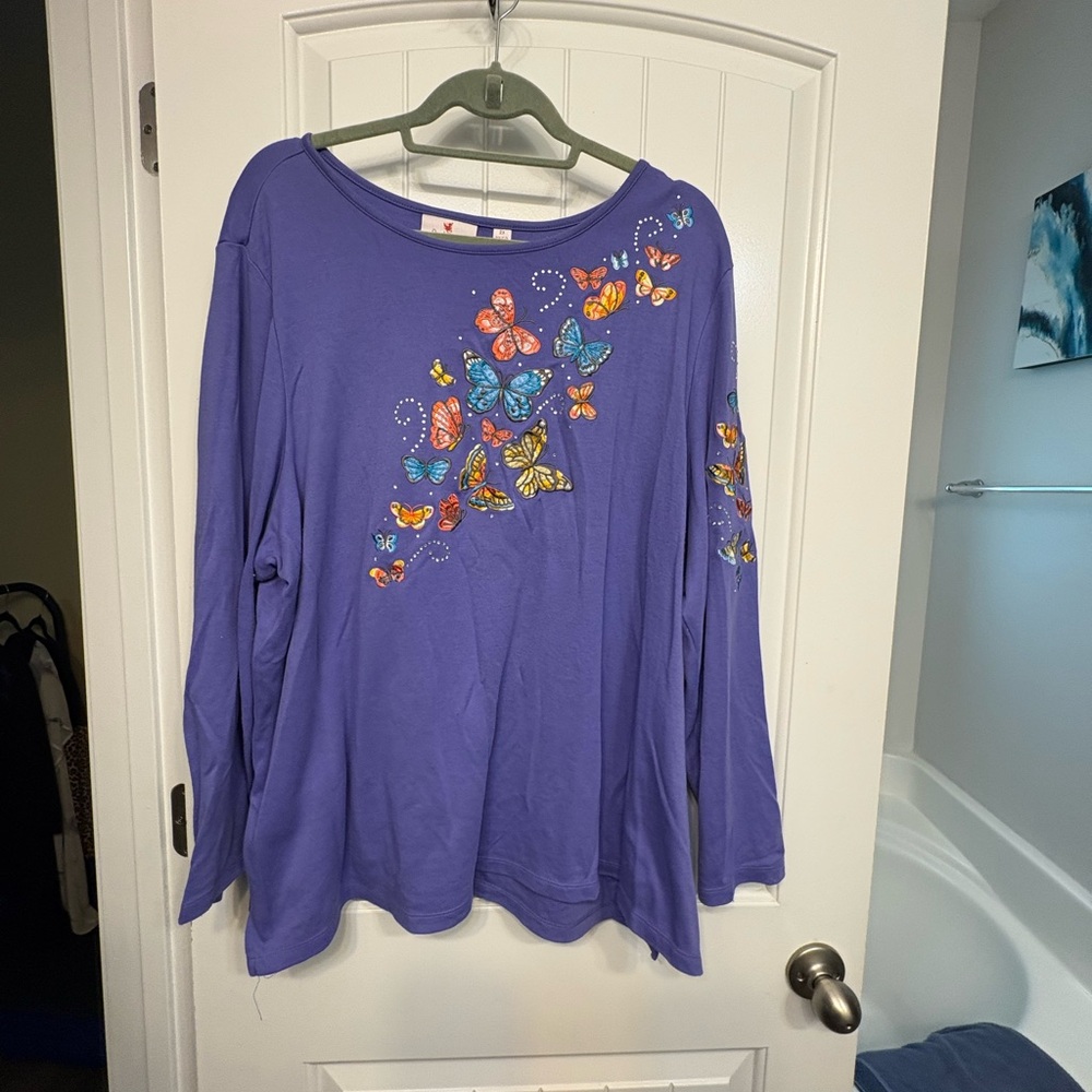 Quacker Factory Purple Embroidered Butterfly Long Sleeve Top